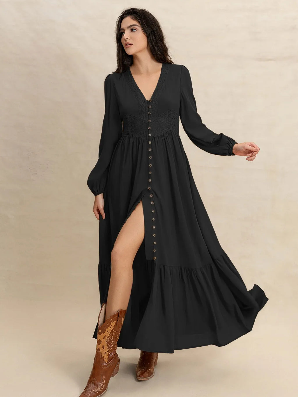 V-Neck Long Sleeve Dress Black 63585d28-a8b2-40f0-a429-f274114886b2-Max-Origin