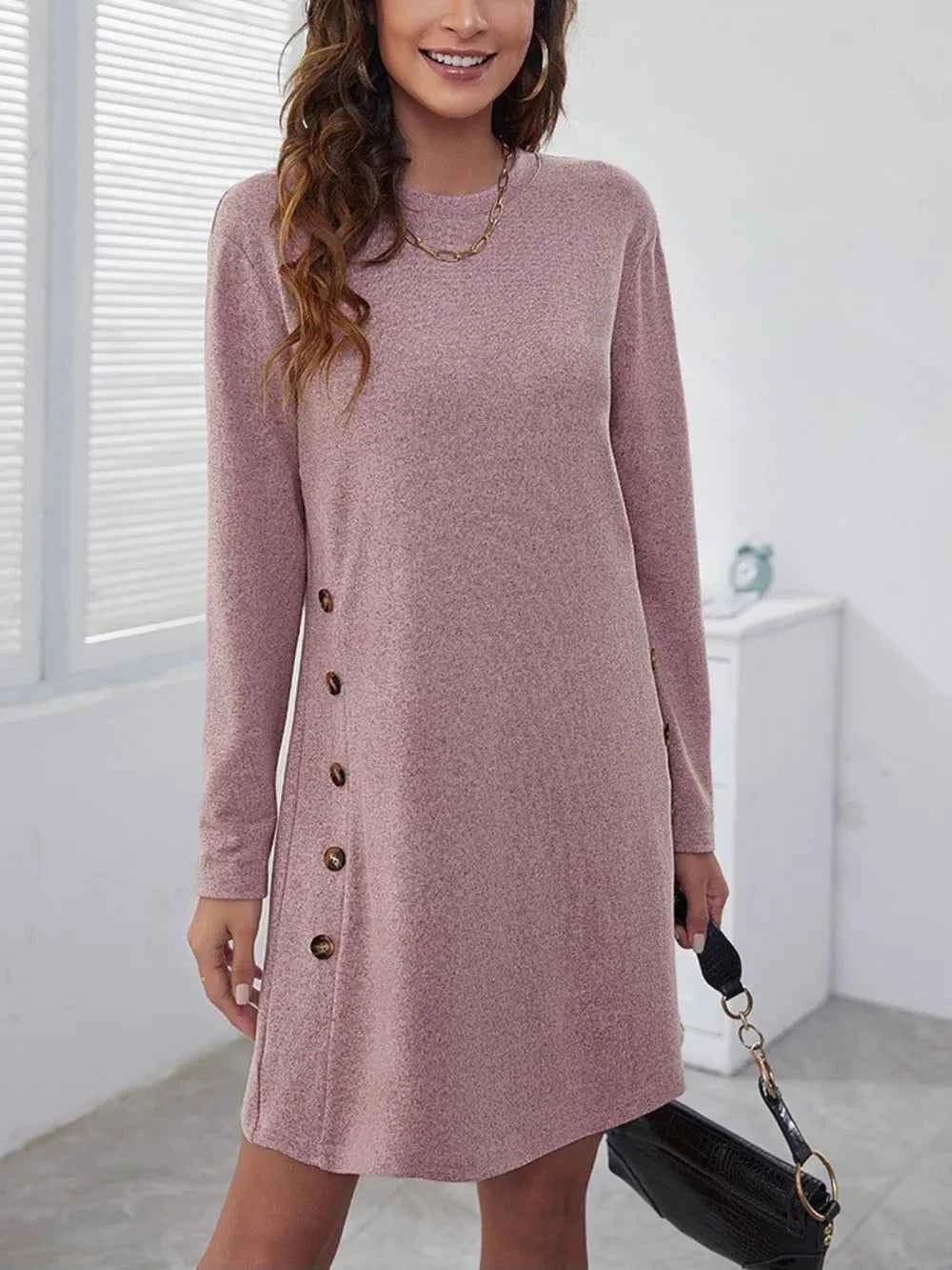 Decorative Button Round Neck Dress Dusty Pink 636957af-16b5-4a8c-9930-be7617d6c3e7-Max