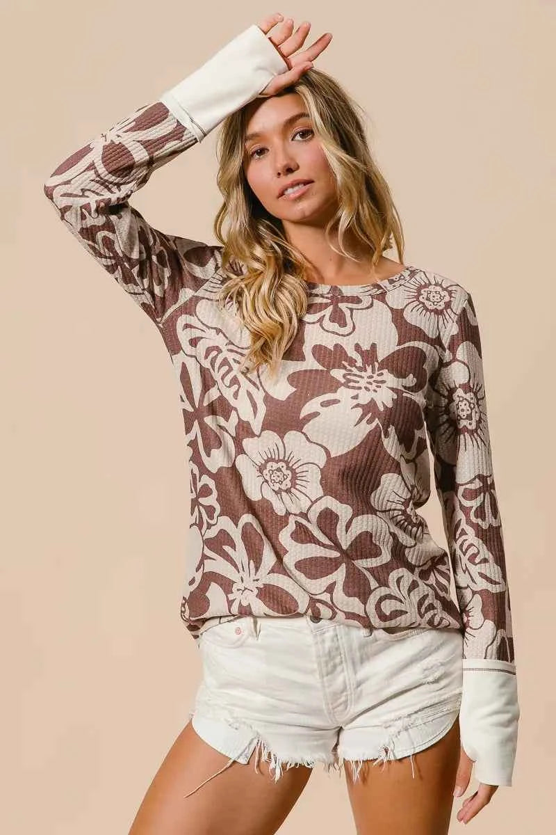 BiBi Flower Printed Waffle Thumb Opening Top MOCHA 6370d715ca054badaa50d52c1fa5545c-Max-Origin