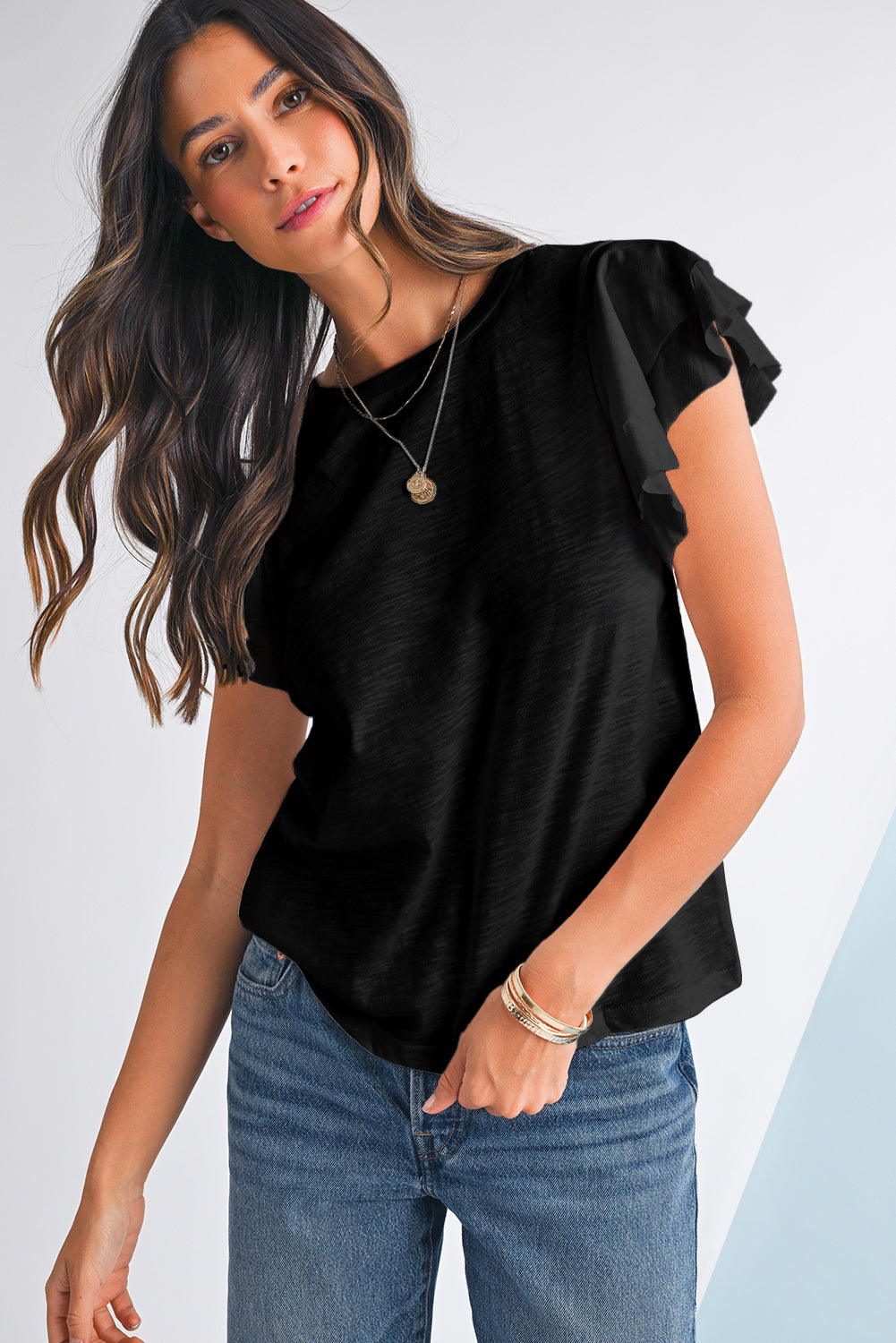 Dark Grey Ruffle Sleeve Plain Blouse 63744208fea2618a