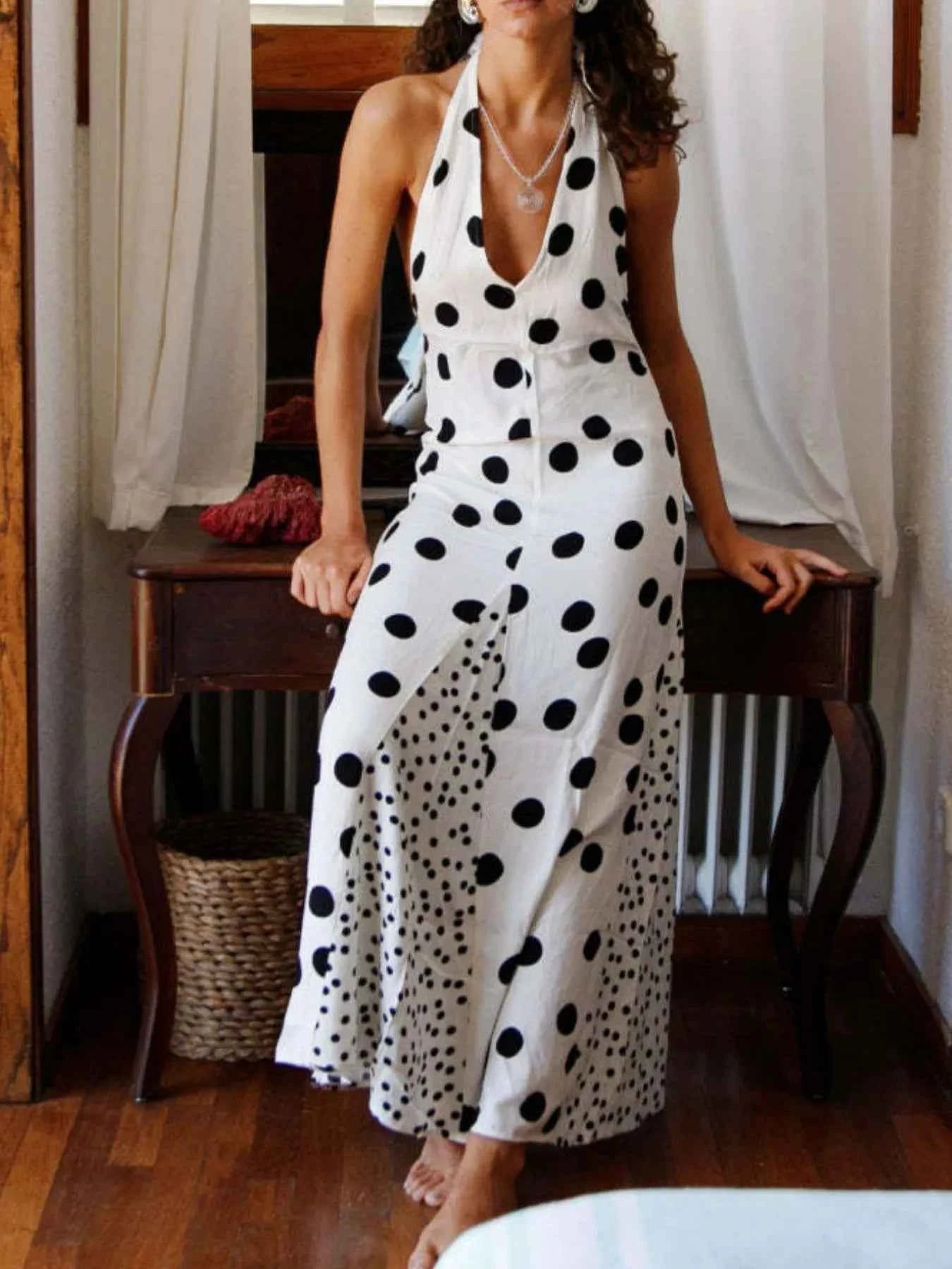 Backless Halter Neck Polka Dot Maxi Dress White 6376a948-0885-4a4d-b1b2-a039bb0d9cfc-Max-Origin
