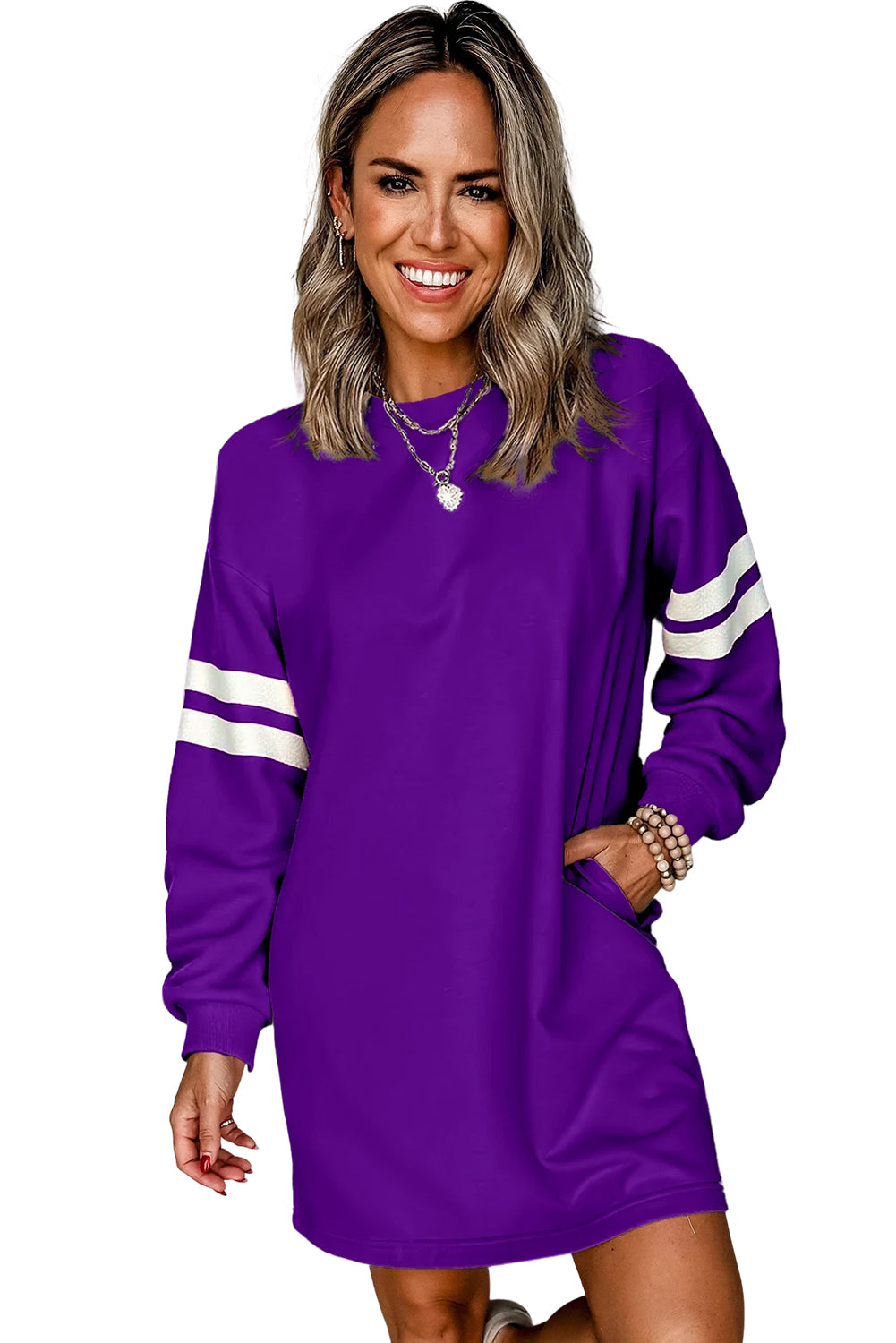 Tillandsia Purple Preppy Striped Sleeve Loose Mini Dress 6377bbfb6d5b604a