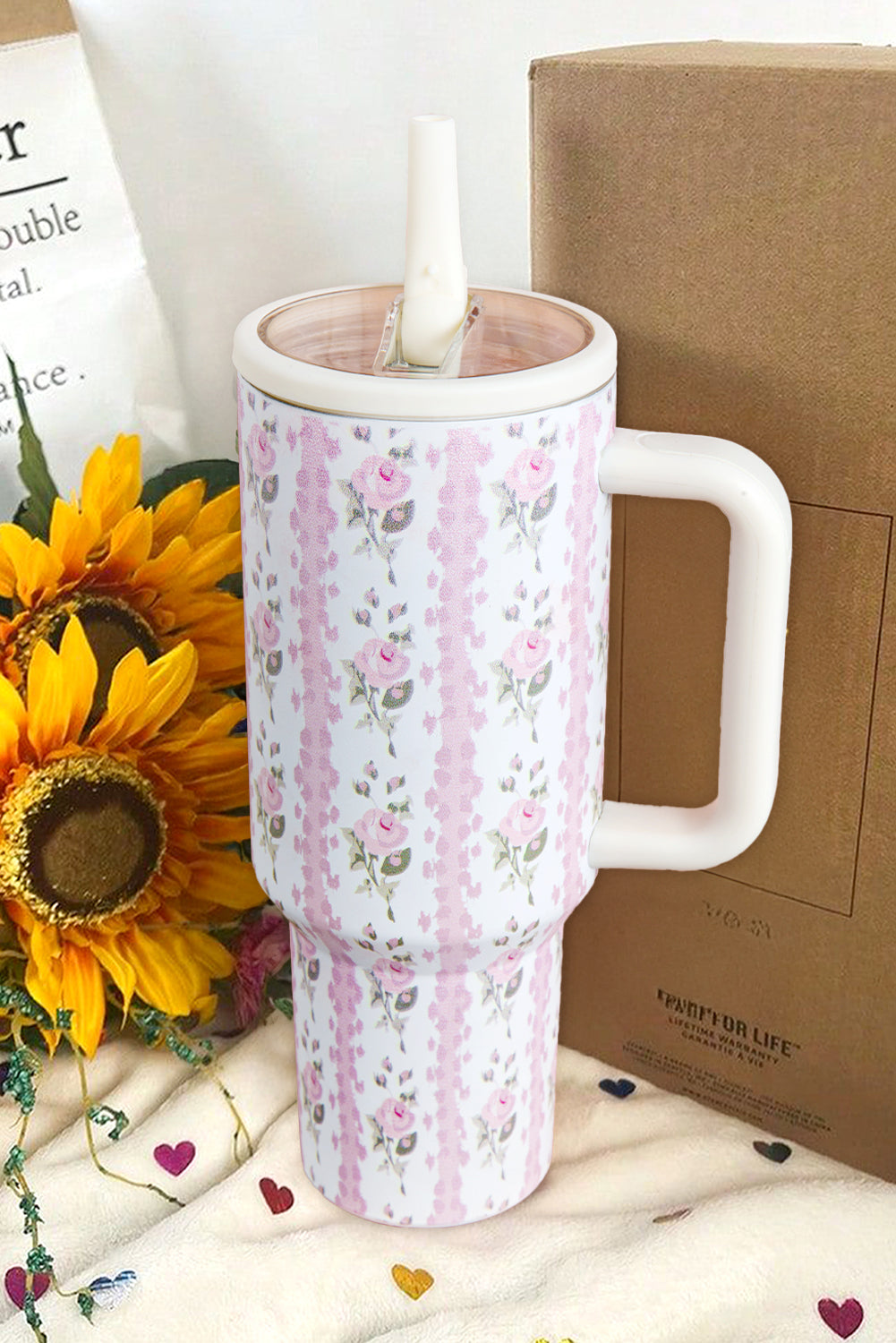 Light Pink Floral Print Stainless Steel Tumbler 63851c4e30af905a