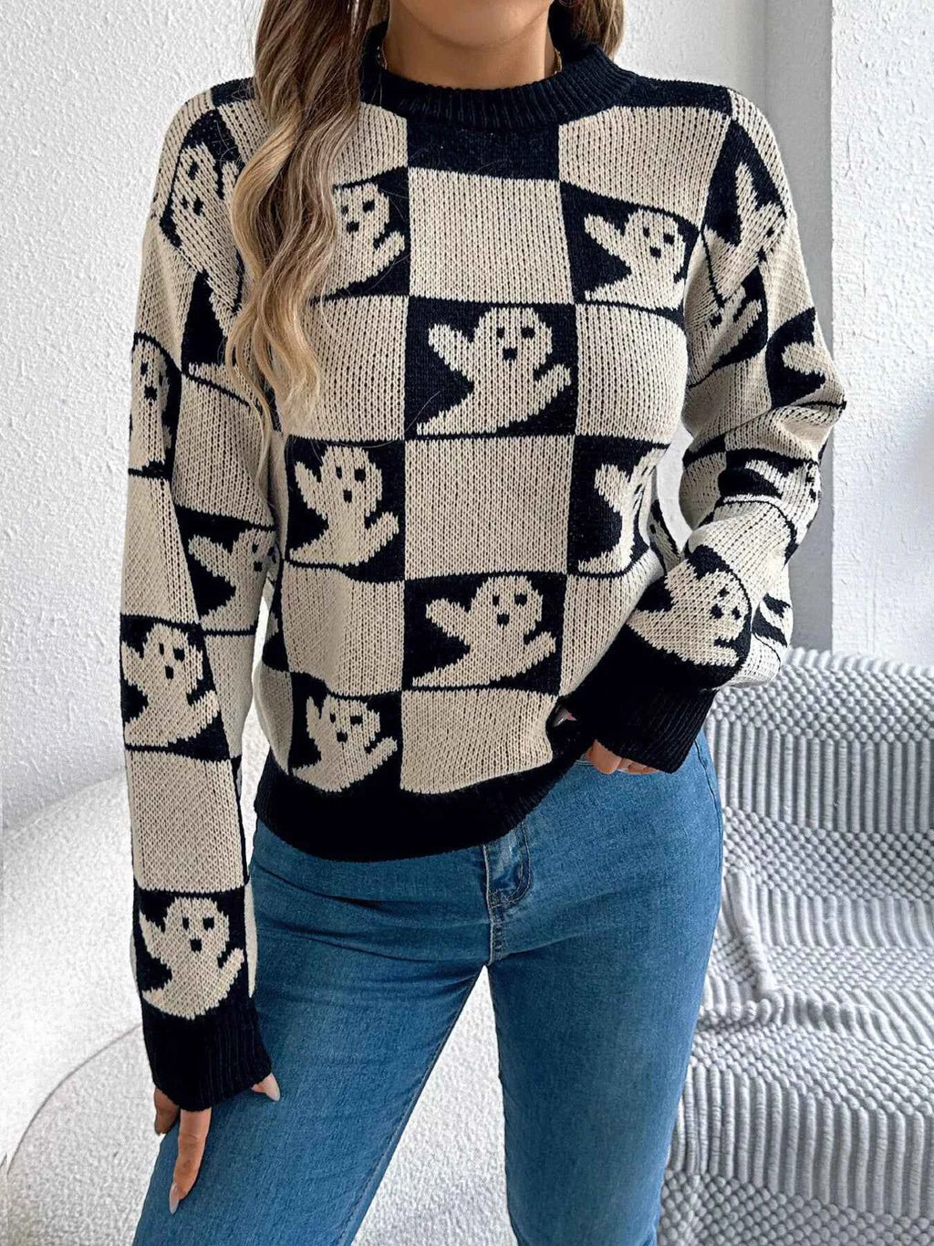 Halloween Ghost Pattern Checkered Round Neck Sweater 638af365e1cd46c18eaf29052e4a7a38-Max-Origin