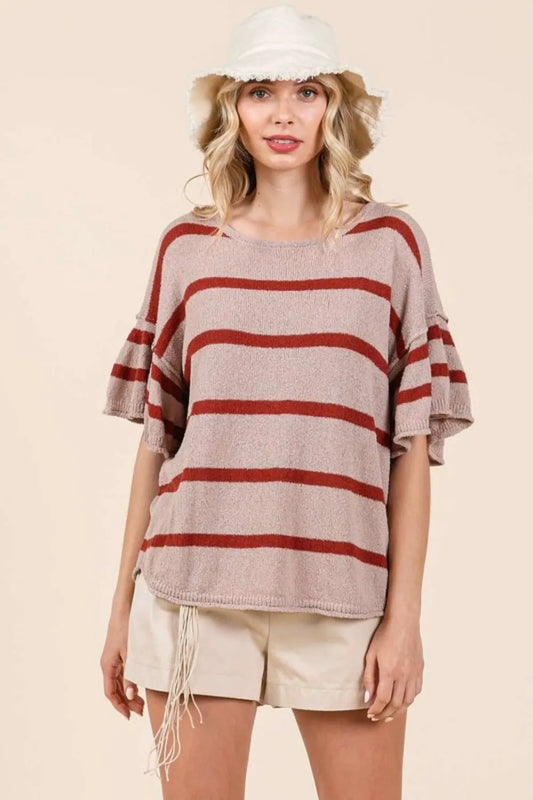 Striped Flounce Sleeve Knit Top 638f8cbb-c298-428d-9028-5d0c65e1564c-Max