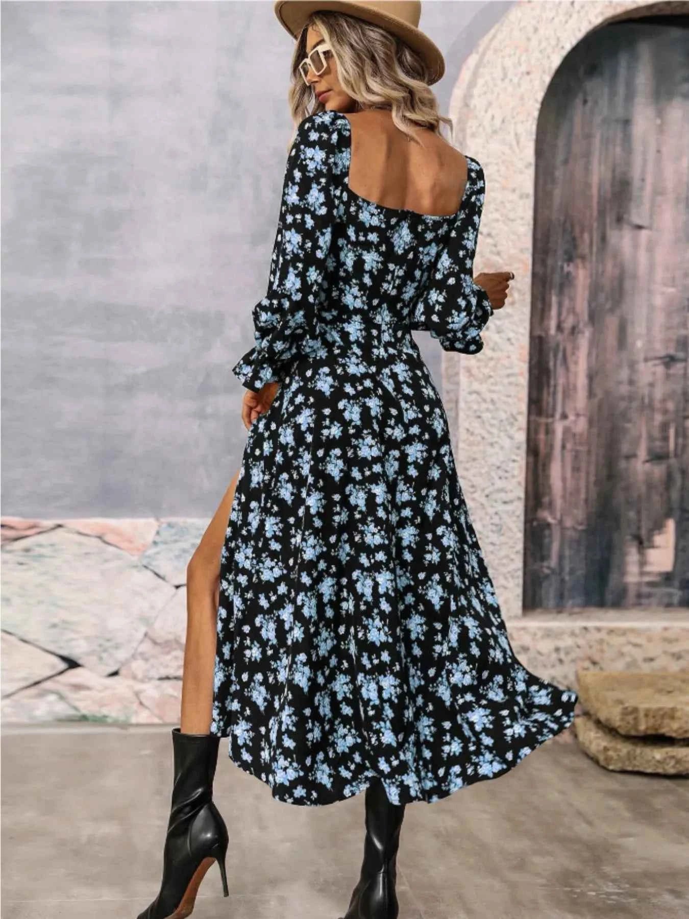 Floral Print Square Neck Flounce Sleeve Dress with Side Slit 63918c7e849c42359c11b880bbac5a96-Max-Origin