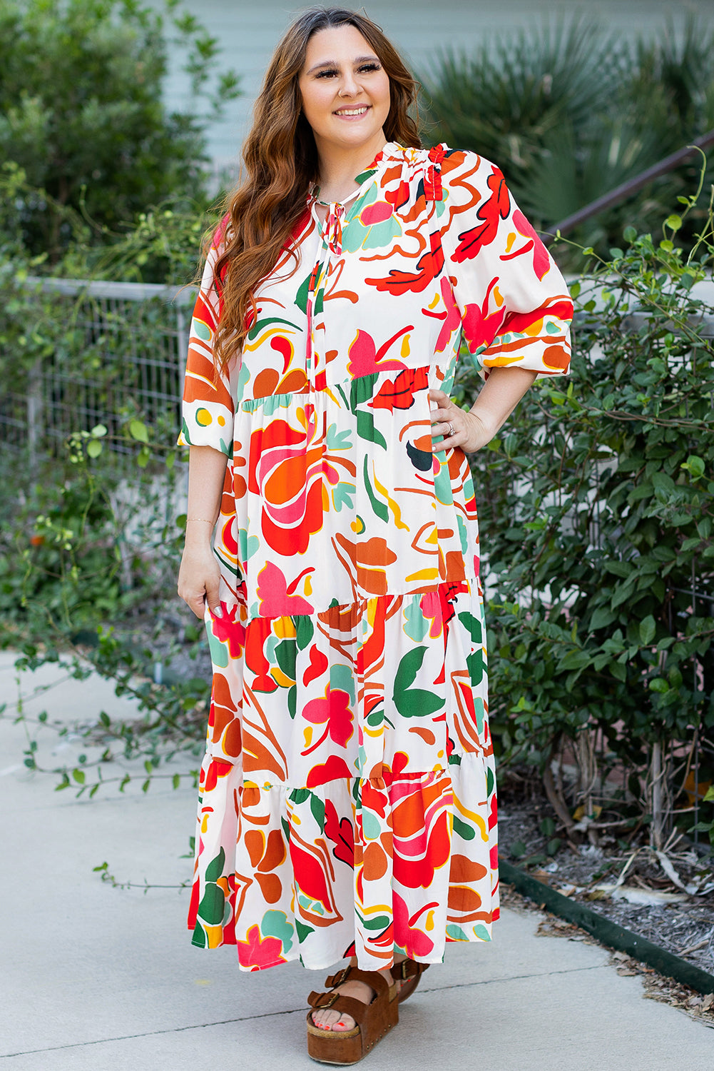 Orange Abstract Tie V Neck Tiered Plus Size Dress 639656d6e82966a8