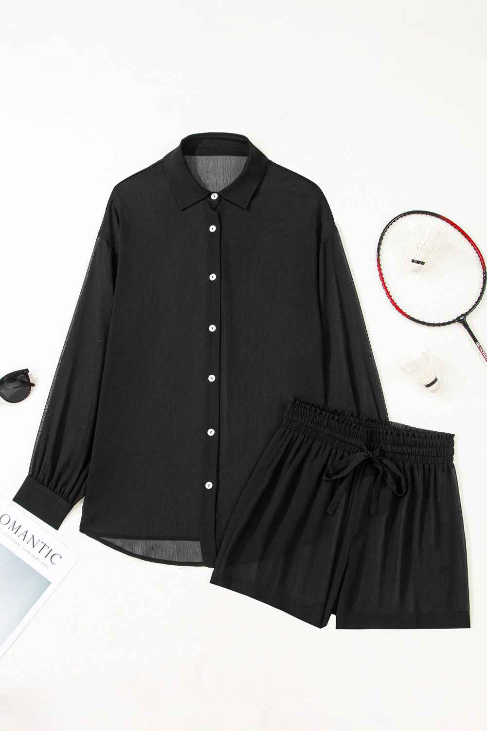 Black Sheer Tunic Shirt Drawstring Shorts 2pcs Swim Cover Up 639d969987b0d93d