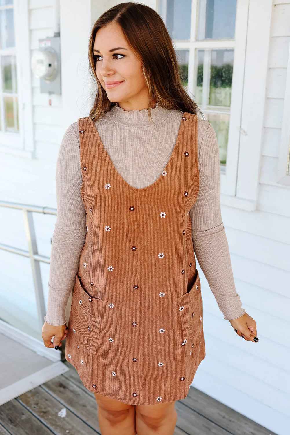 Gold Flame Flower Embroidered Corduroy Overall Mini Dress 63a1e9252390034d