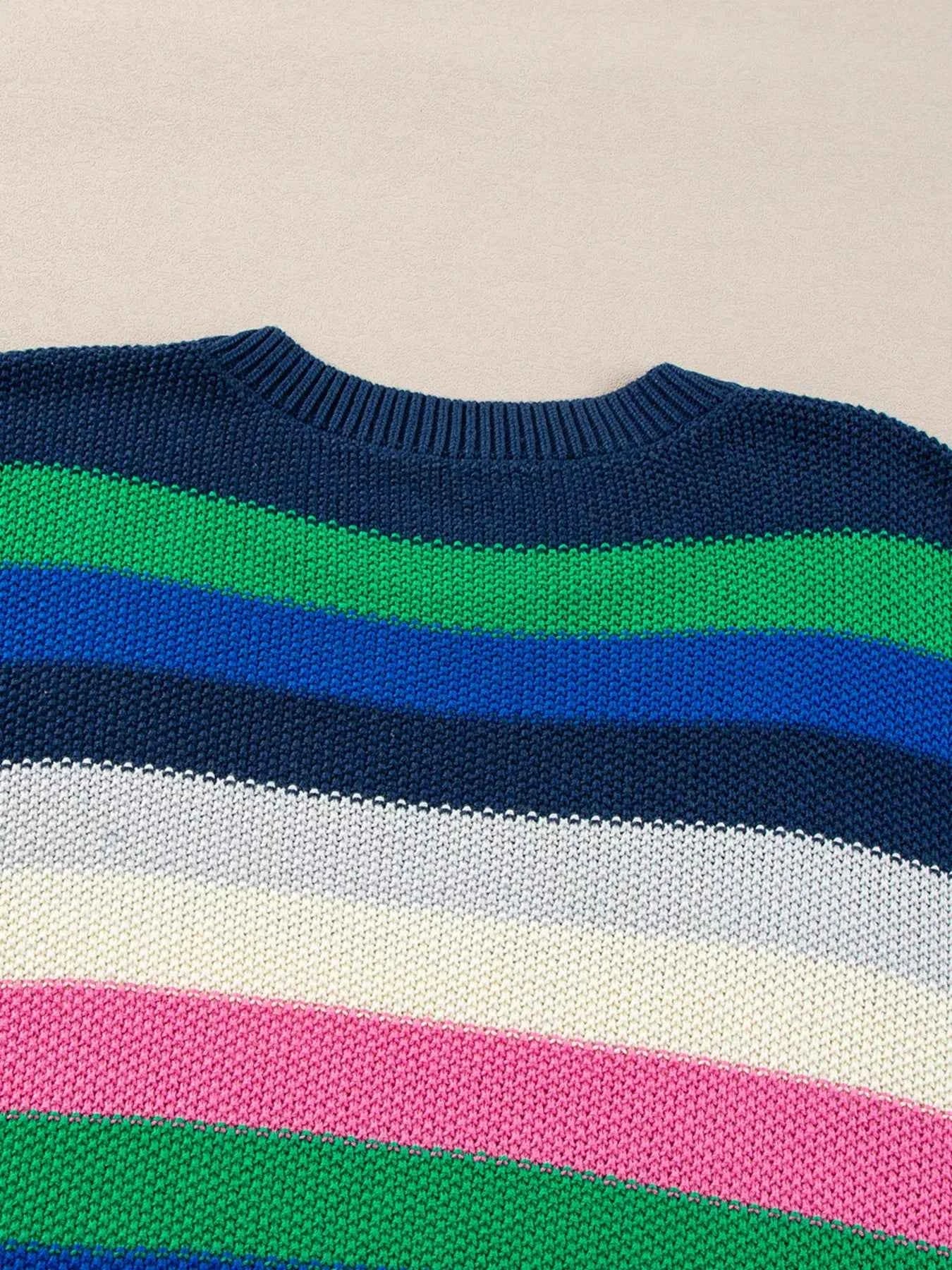 Rainbow Striped Crew Neck Drop Shoulder Sweater 63a29f8e6e5549bdb22f84ac19fc6794-Max-Origin