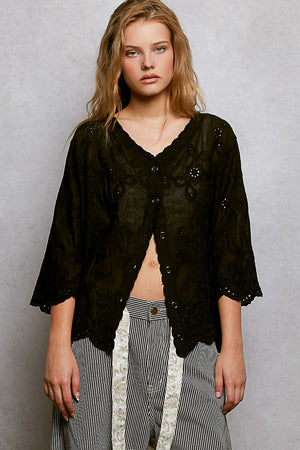 Floral Eyelet V-Neck Salloped Shirt BLACK One Size 63a3009c-9a74-4e1f-a90d-064f5422527c-Max