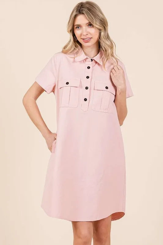 Button Detail Collared Neck Short Sleeve Shirt Dress 63a9e11c-5e11-4d9e-8c63-2c7c8318b24b-Max