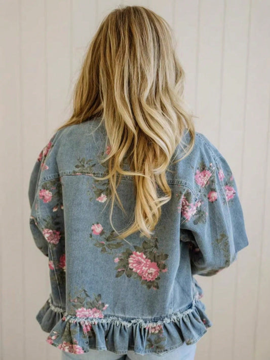 New Women's Retro Washed Floral Print Denim Jacket, Long-Sleeved, Collared, Ruffled Hem, Short Jacket, Summer Outfits For Womener. 63ab48fc-4b00-4b11-887b-4bb1684bdd59