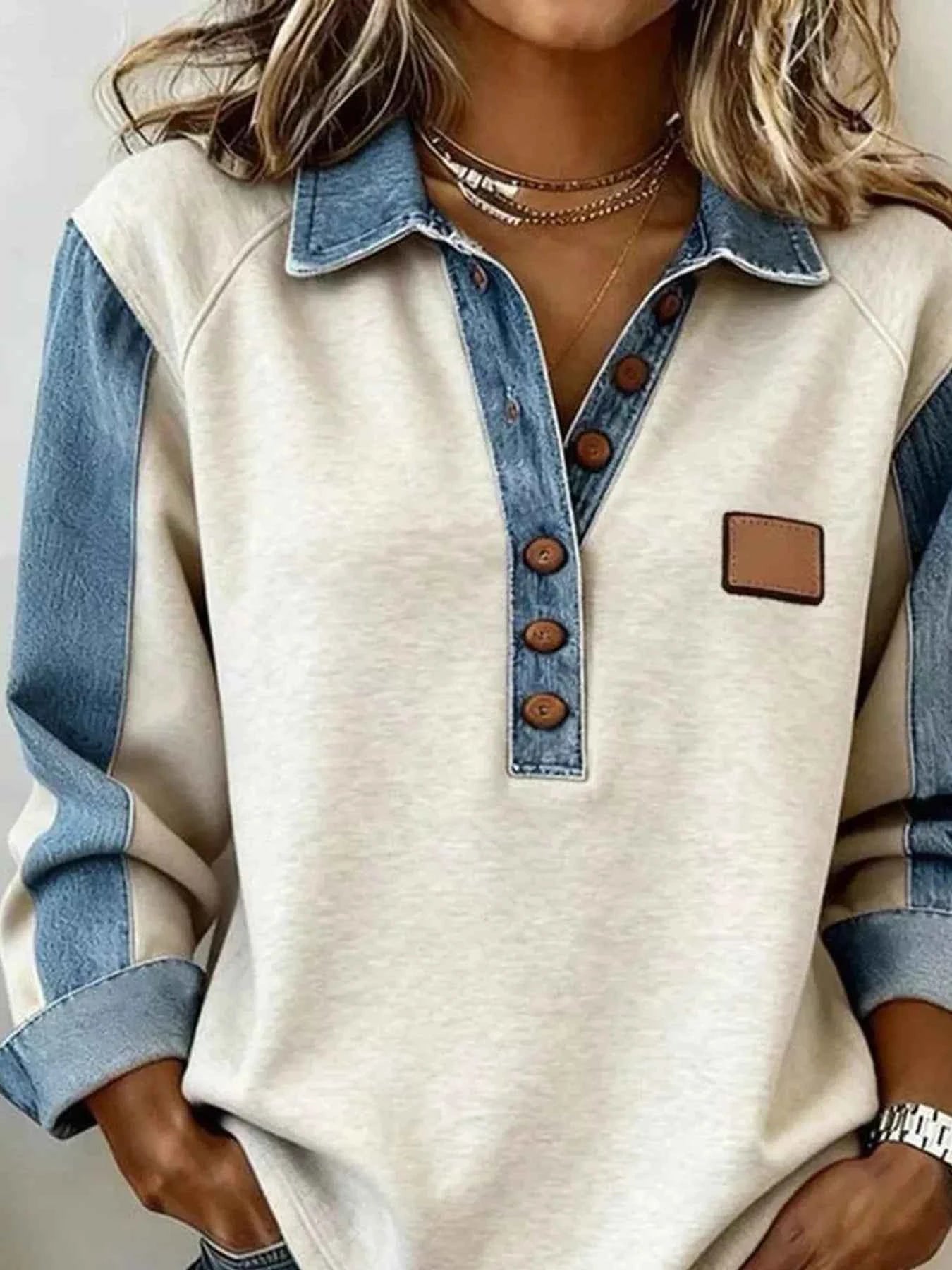 Denim Trim Button Detail Sweatshirt 63aeba621a744d149ddc3a22a5bfbd4e-Max-Origin