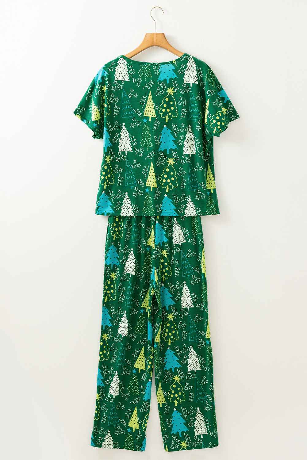 Green Christmas Tree Print V Neck Tee and Pants Pajama Set 63b4705d495b5f25