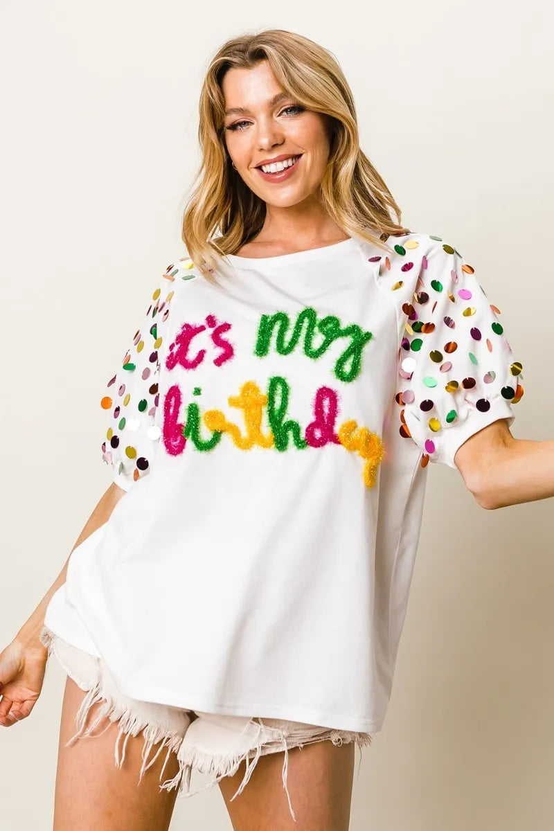 BiBi Metallic Letter Spangle Raglan Puff Sleeve Top 63b4f48b3b04479e8531c62c342fc386-Max-Origin