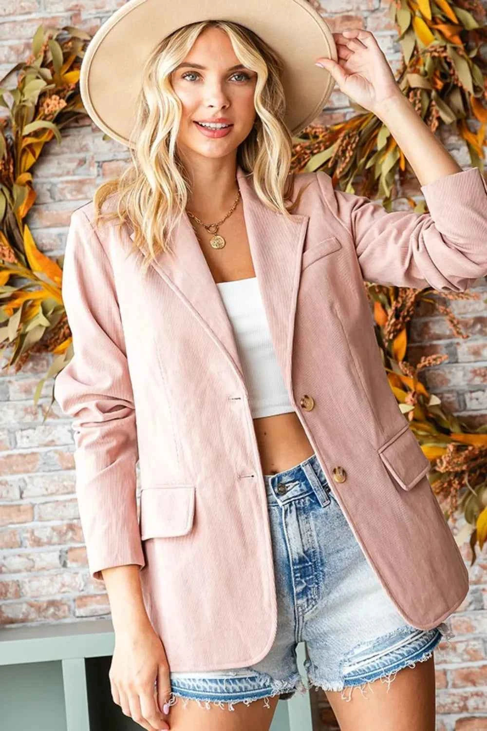 First Love Full Size Single-Breasted Flap Pocket Corduroy Blazer 63b78913-f772-40ab-8587-16b6f1584b05-Max
