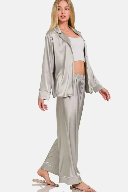 Satin Long Sleeve Shirt and Pants Pajama Set 63b88f20-2db5-4393-b8cc-6571afb84f5b-Max