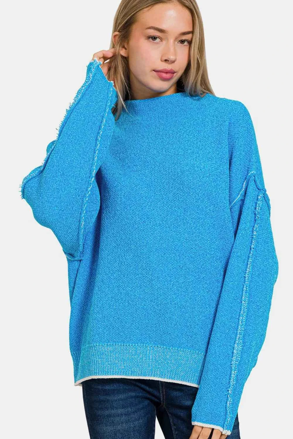 Zenana Exposed Seam Mock Neck Long Sleeve Sweater Deep Sky 63ba328b-2159-47a9-a454-483b52dc6ecb-Max