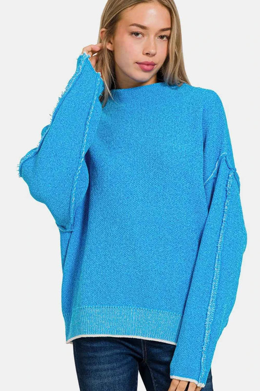 Zenana Exposed Seam Mock Neck Long Sleeve Sweater Deep Sky 63ba328b-2159-47a9-a454-483b52dc6ecb-Max