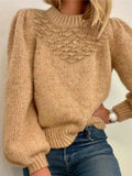 Textured Knit Round Neck Long Sleeve Sweater Khaki 63bb1941-9790-44cf-bc0a-0701265bd037-Max-Origin