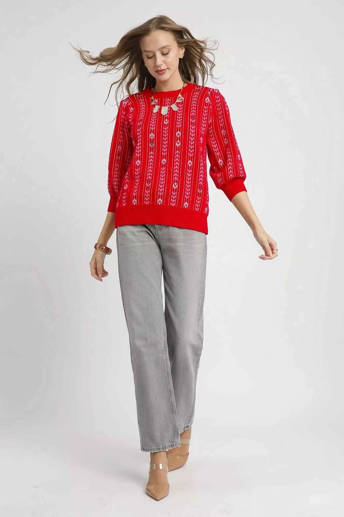 Umgee Jacquard Knit Puff Sleeve Sweater 63be0c09-9fb1-475a-9b4d-0c12bafee797-Max-Origin