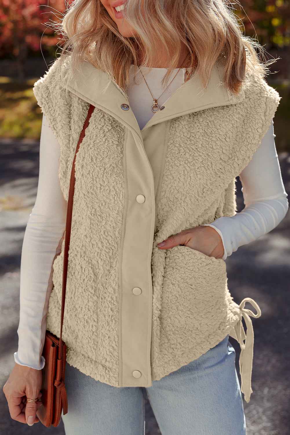 Beige Faux Fur Snap Button Front Knot Side Plush Vest Beige 100%Polyester 63bf90c7eaf5e065