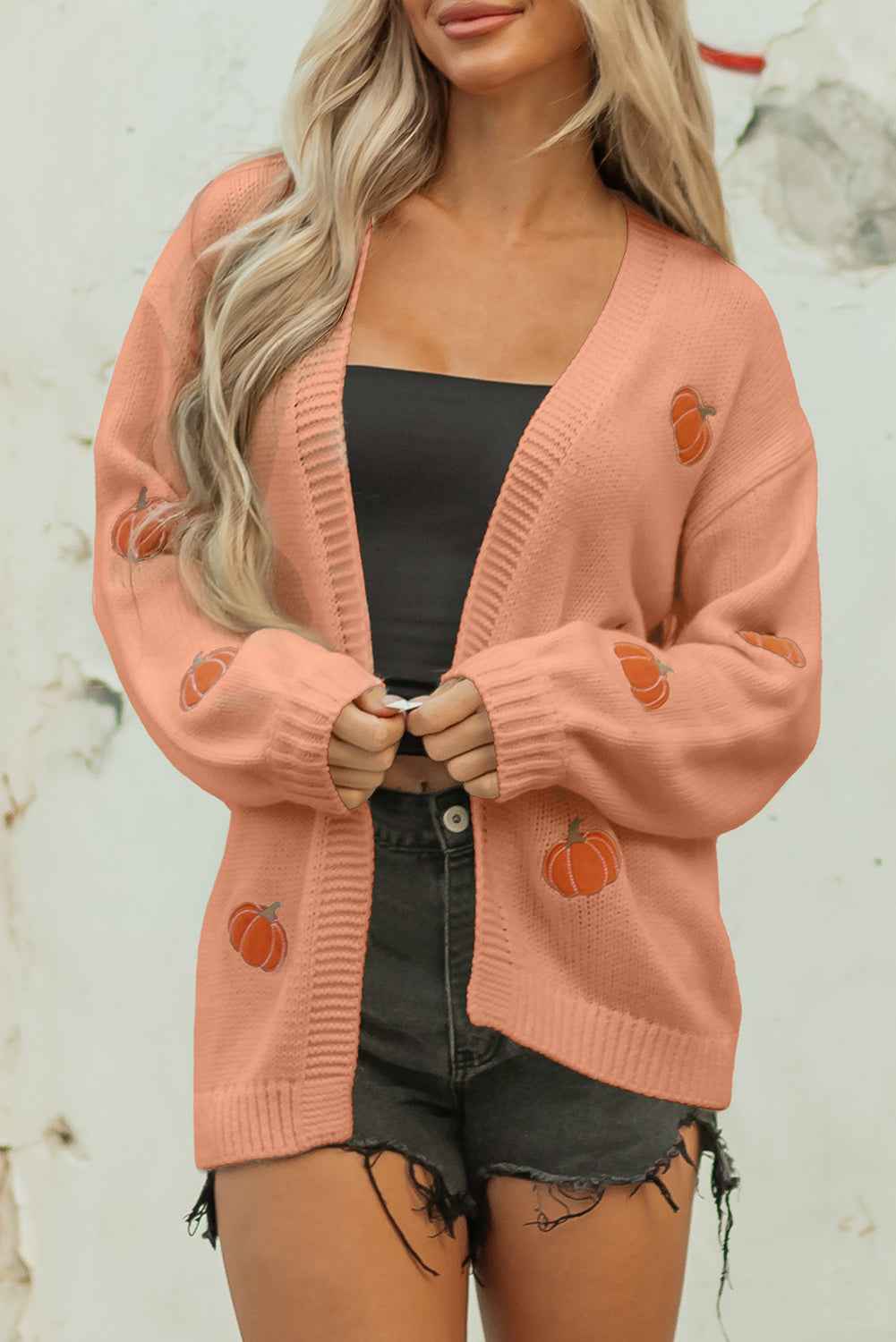 Light Pink Christmas Tree Print Open Front Drop Shoulder Knit Cardigan Straw Yellow 100%Acrylic 63c0702e8e87e7e5