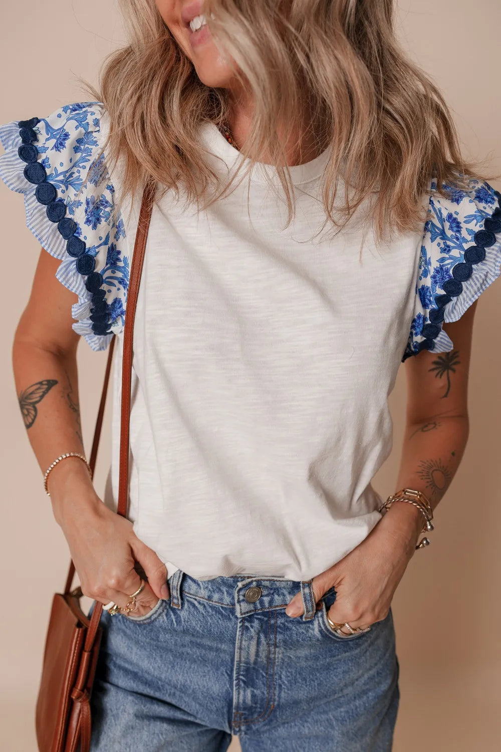 Round Neck Printed Ruffled Cap Sleeve Blouse White 63c1093b-29d7-4619-a8c1-1304d194d95f-Max
