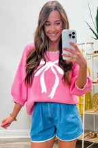 Sachet Pink Big Ribbon Bow Print Contrast Stitch Trim Drop Shoulder Sweater 63c9ec3beb1a6fc3