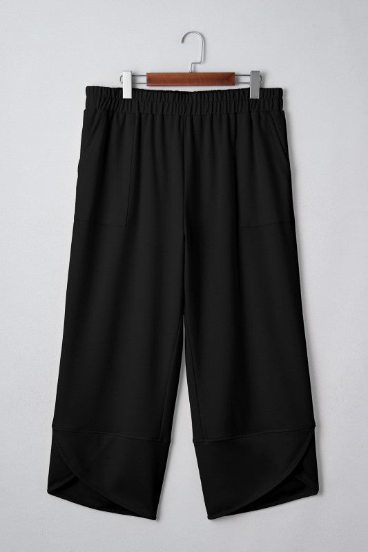 Plus Size Solid Asymmetrical Hem Capris Pants Black 63ce407e-d2dc-40aa-9f52-ded58009d480