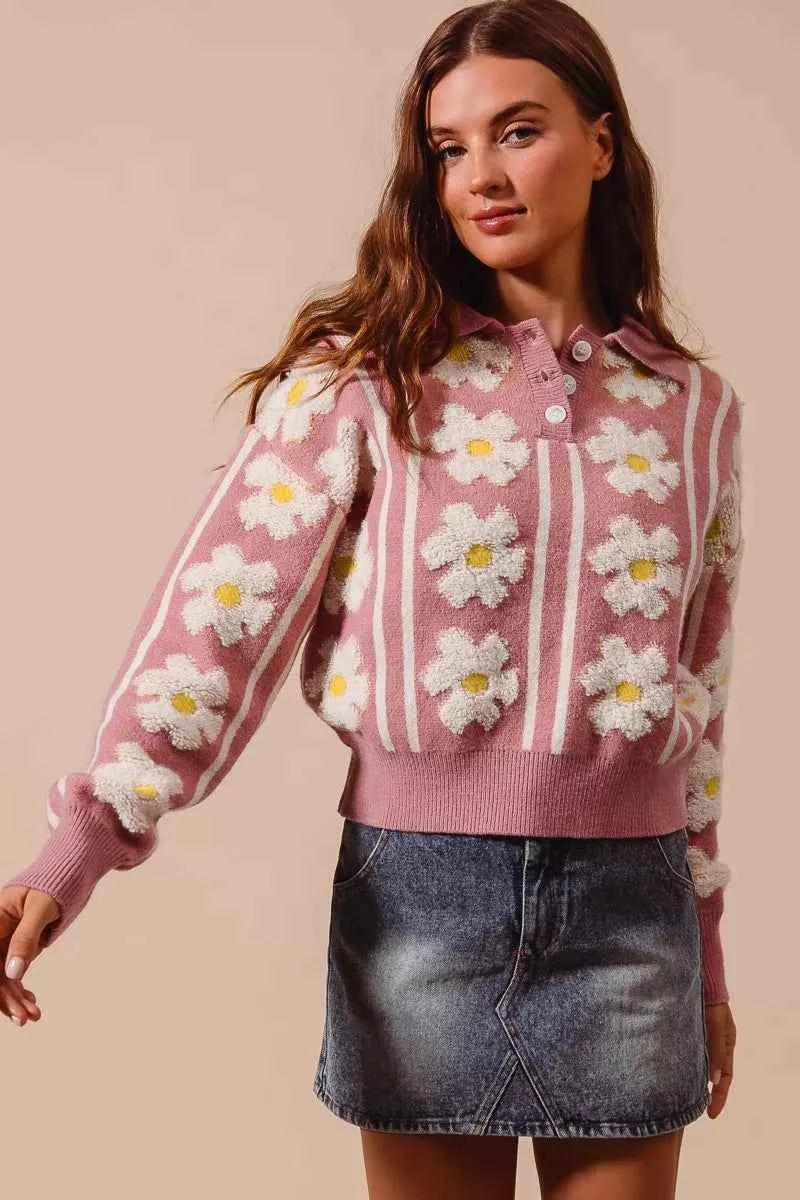 Floral Stripe Polo Collar Sweater MAUVE IVORY 63d175ea-1d5c-404f-bdf5-f23214771a0c-Max-Origin
