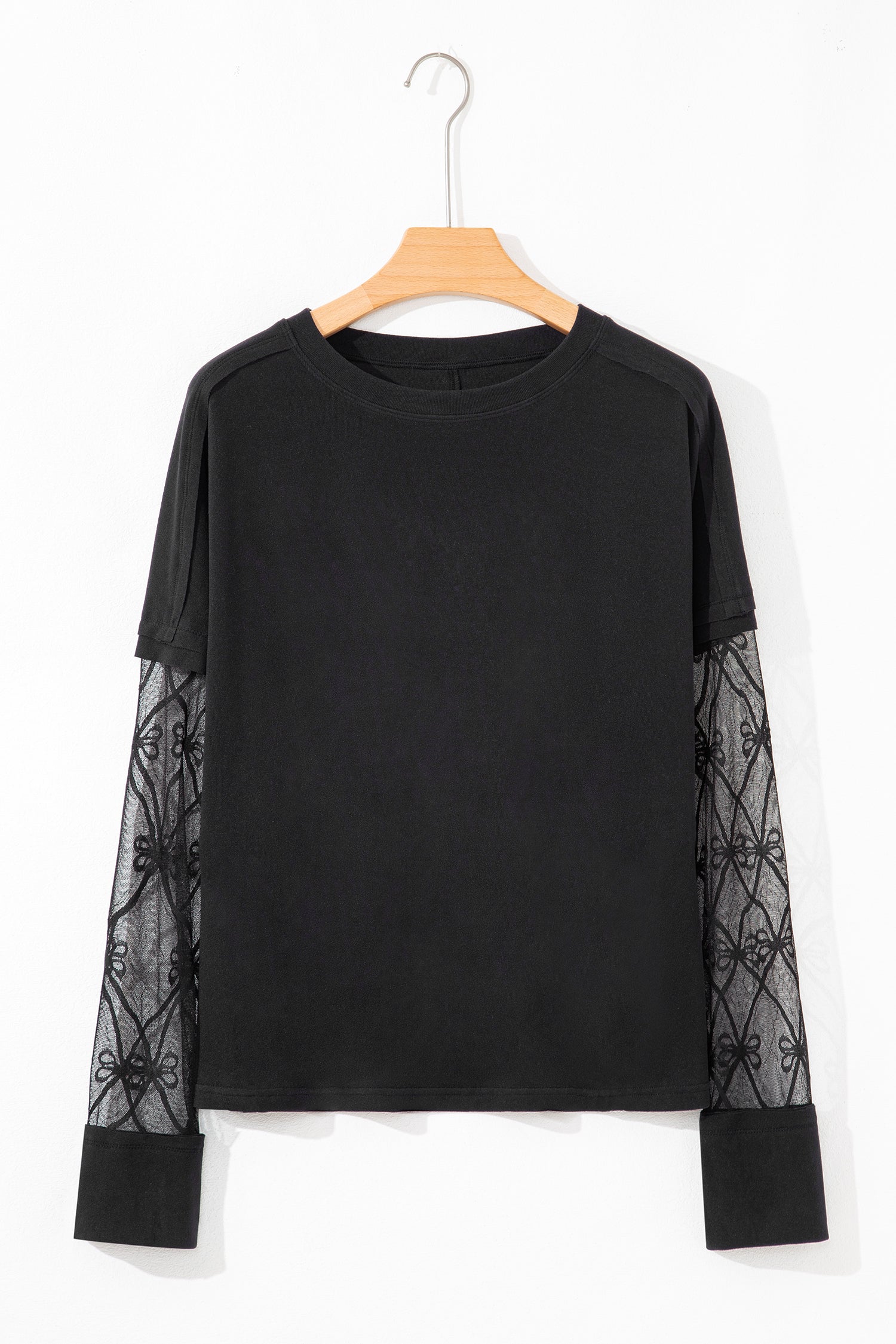 Black Solid Color Bow Textured Patchwork Long Sleeve Tee 63d192ba2f4af3c1