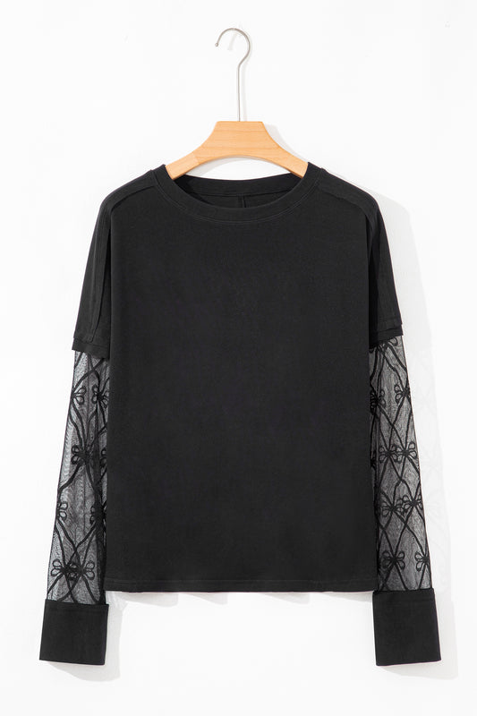 Black Solid Color Bow Textured Patchwork Long Sleeve Tee 63d192ba2f4af3c1