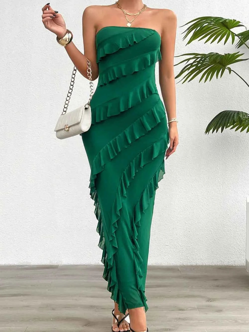 Ruffled Slit Back Tube Maxi Dress 63d22da6-568f-4820-8804-4f4be4829a3b-Max