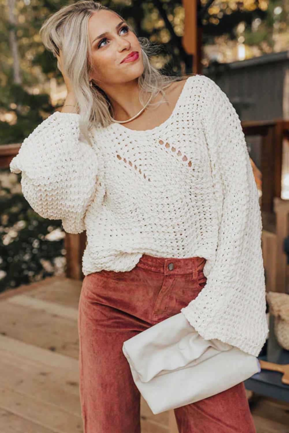 Camel Hollowed Detail Wide Sleeve Loose Pullover Sweater 63d4461bb3cb8615
