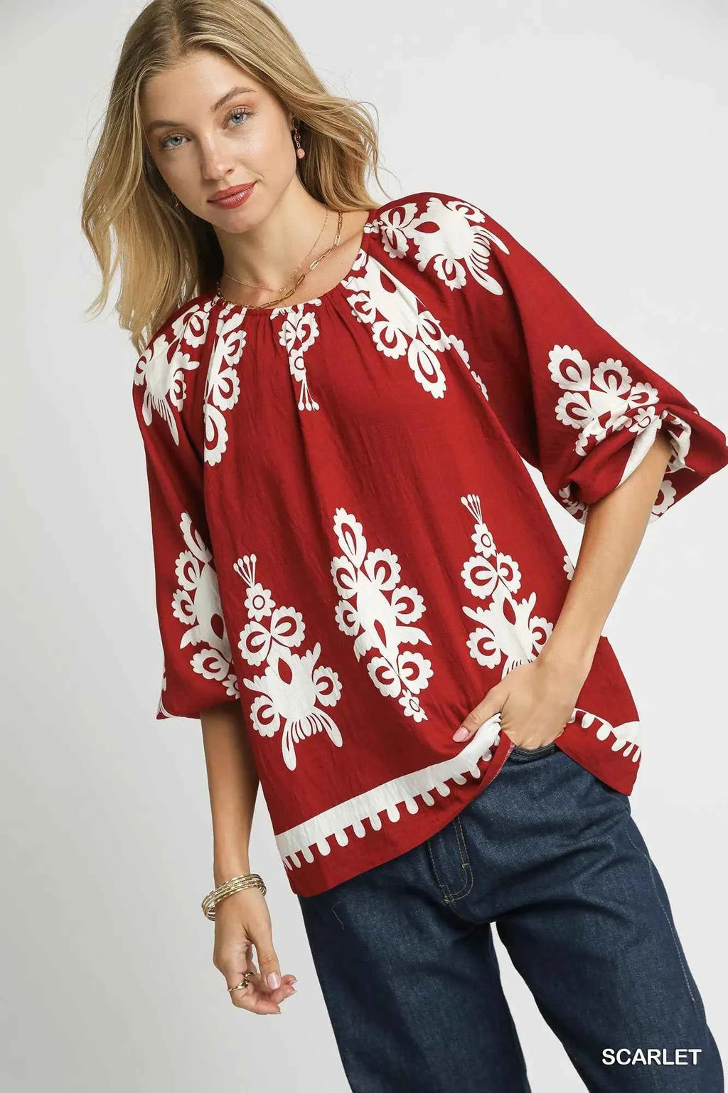 Umgee Two Tone Border Print Top with Balloon Sleeves Scarlet 63d649d0-a39d-4c68-852f-a3a4959c3afa-Max-Origin