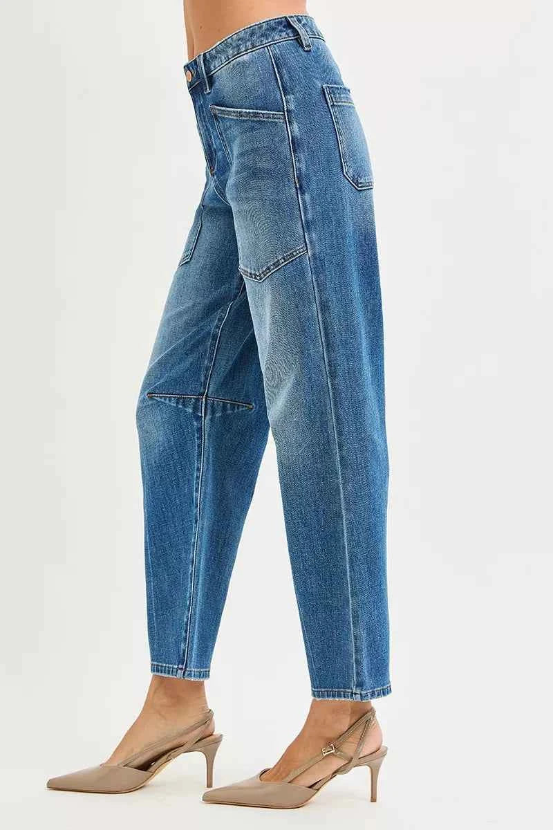 RISEN 4 Way Stretch Mid Rise Barrel Jeans with Patch Pocket Detail 63d69576b4864801a0502d888a74fed6-Max-Origin