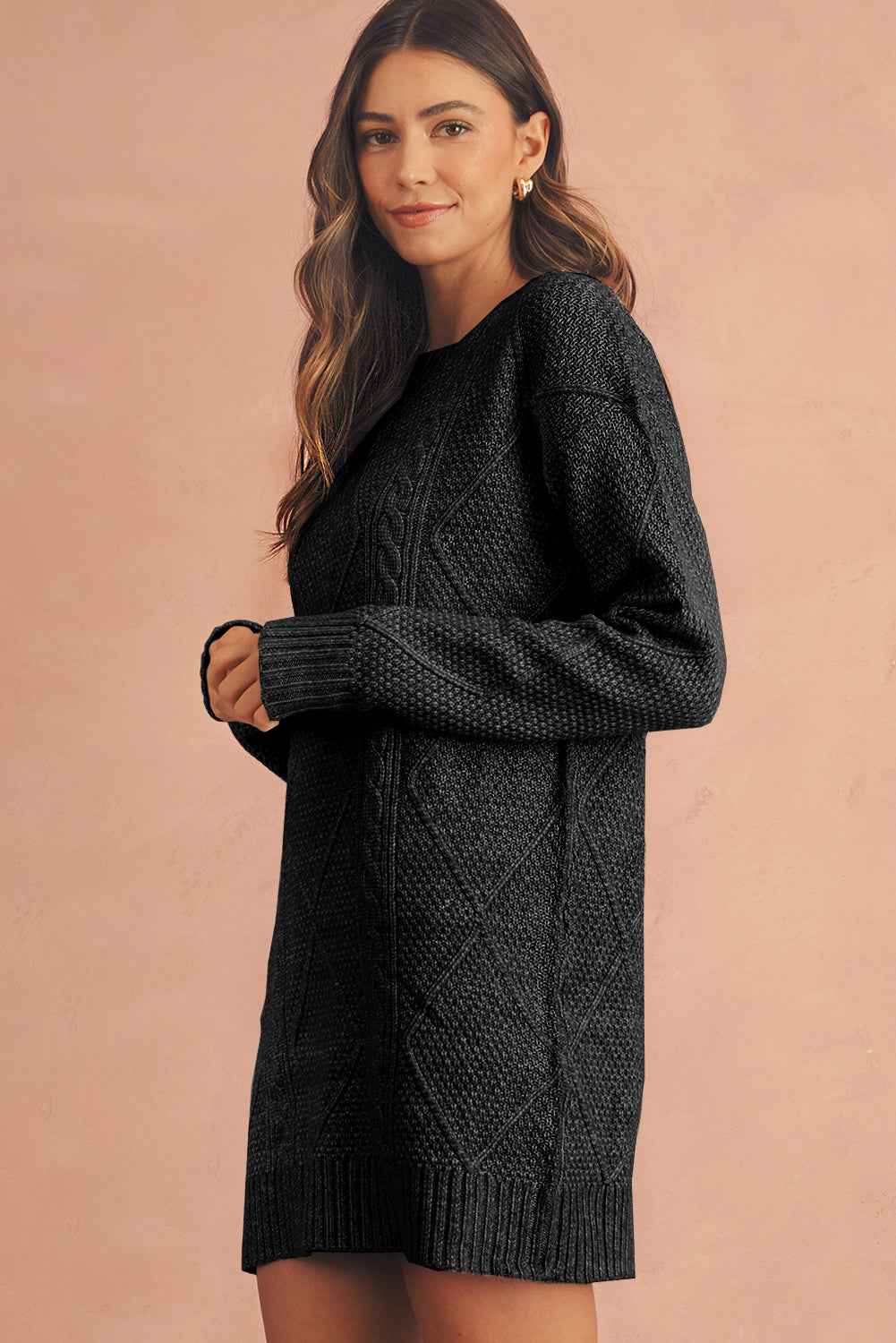 Oatmeal Cable Knit Drop Shoulder Loose Fit Sweater Dress 63d798ee25c8a9ff