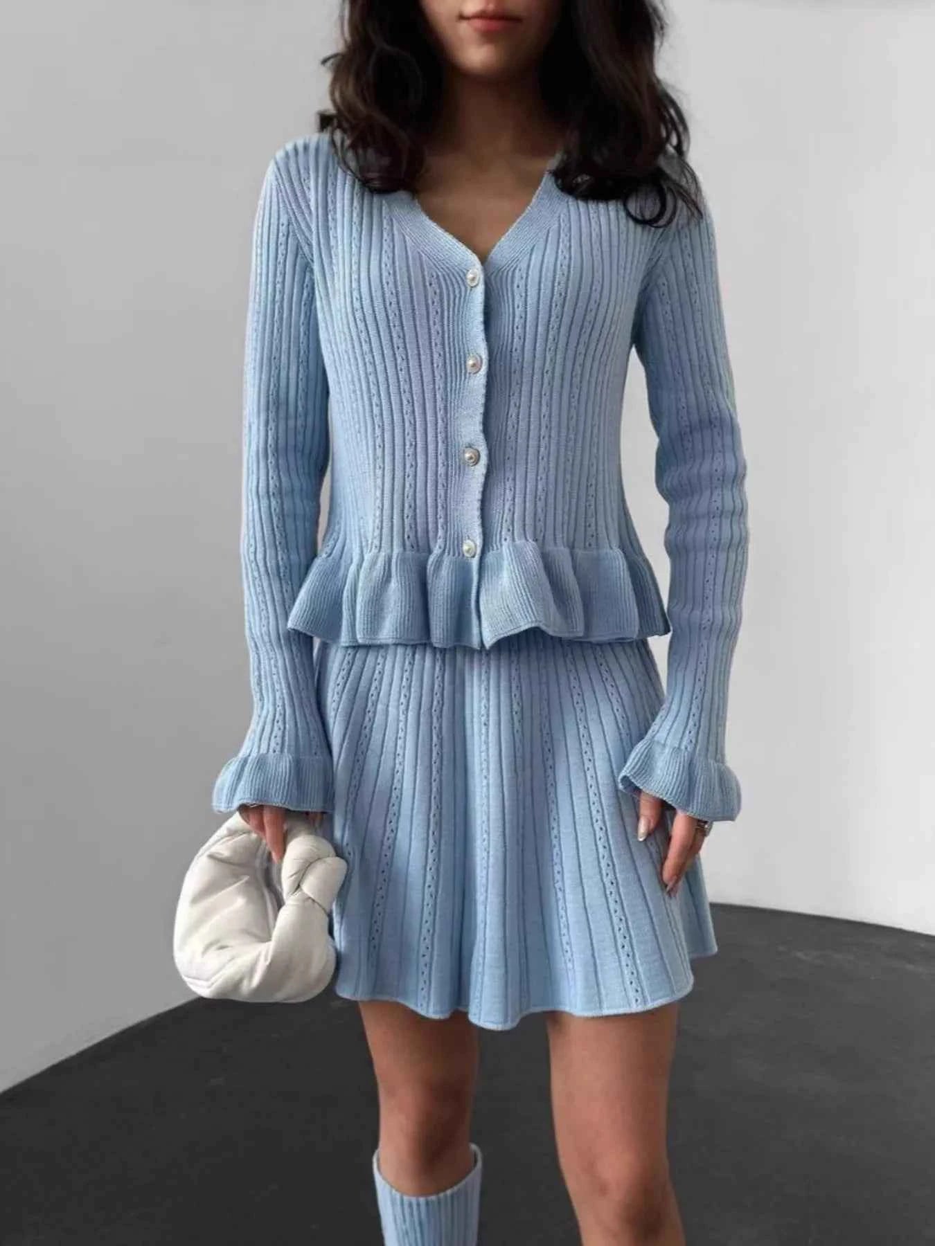 Ruffle Trim Knit Cardigan & Skirt Set Light Blue 63dc6c0ec38944f495f232ffce5a2b5f-Max-Origin