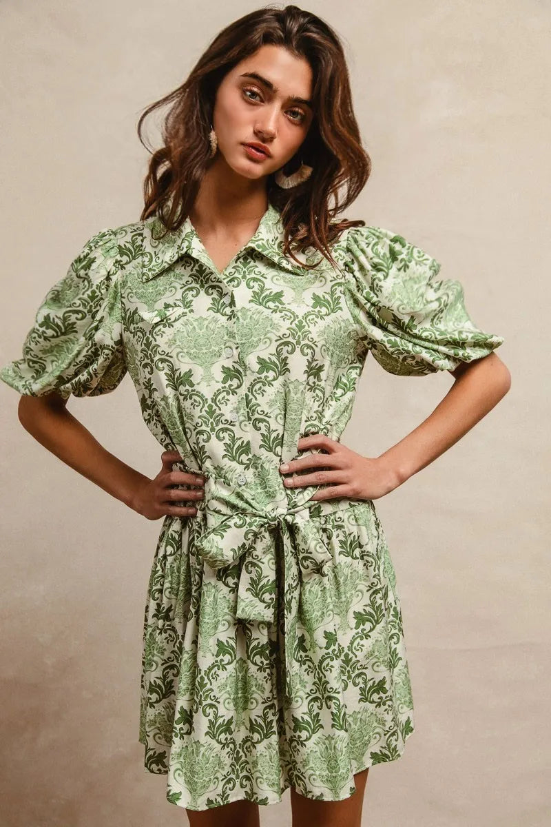 BiBi Tied Floral Short Sleeve Mini Shirt Dress 63de1360904948dda208e34f10089959-Max-Origin