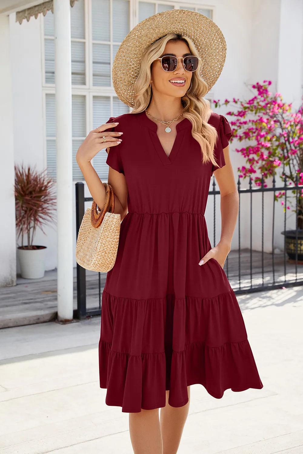 Ruched Notched Cap Sleeve Dress Burgundy 63e218a4-3916-432f-a06f-2b5e04ad183b-Max
