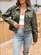 Ruffle Raw Hem Denim Jacket Army Green 63e74ad1-848a-41d3-be94-103f84a1f5b0-Max-Origin