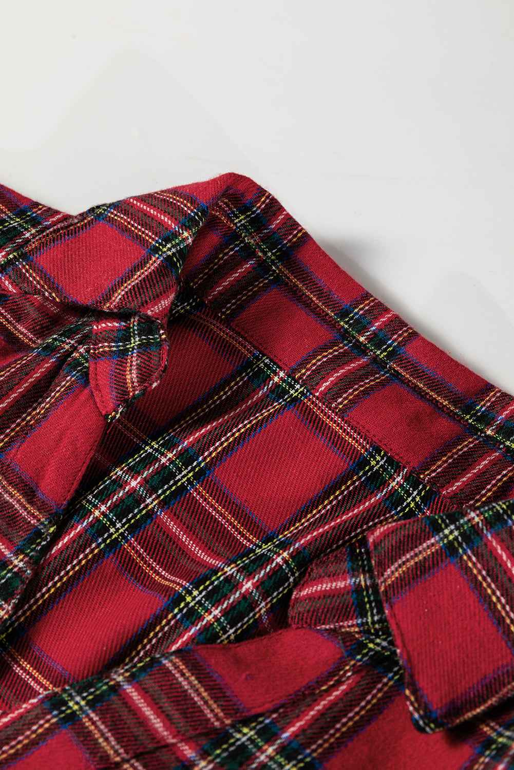 Red Plaid Shirt Collar Half Button Ruffle Hem Long Sleeve Mini Dress 63ef318123056fd7