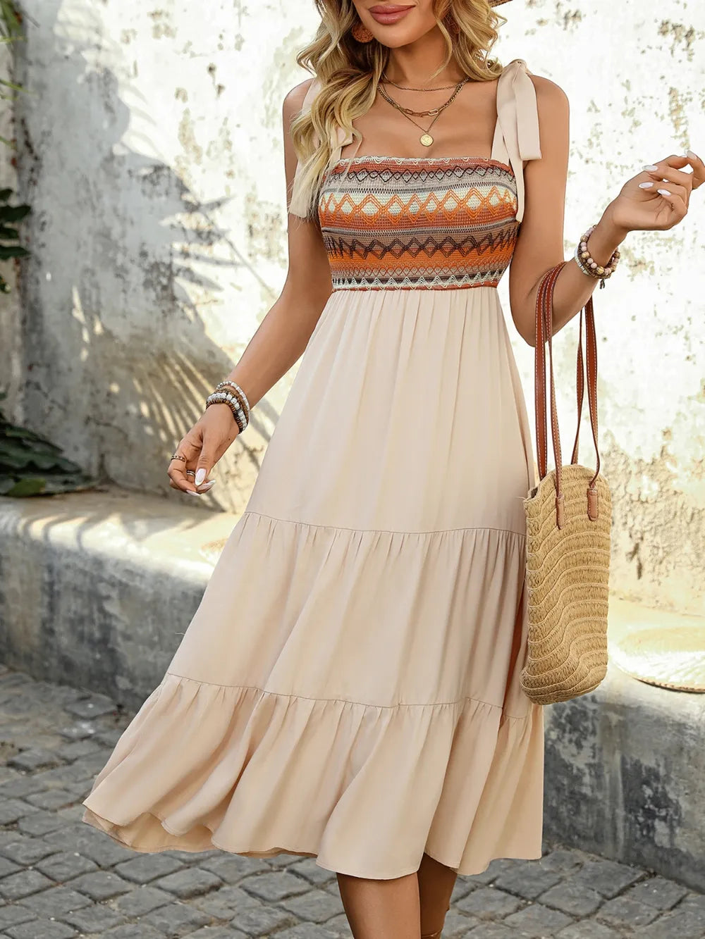 Tie Shoulder Square Neck Tiered Midi Dress 63f09a88-c426-4b9a-a1b9-c20c37e2bef3-Max