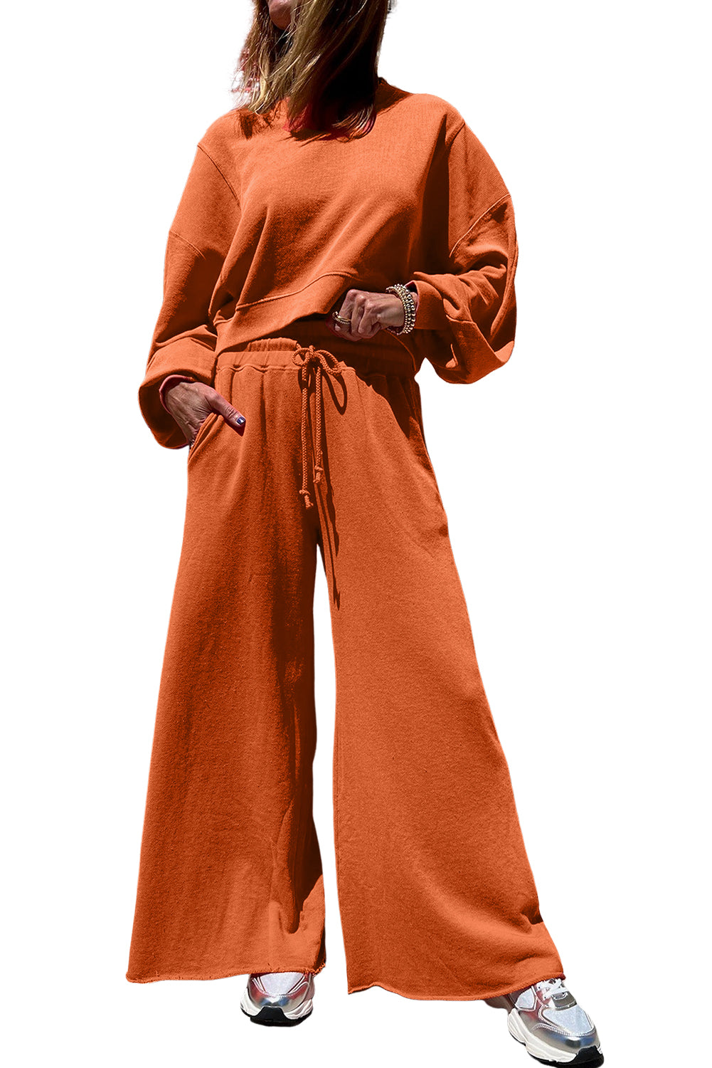 Flamingo Drop Shoulder Crop Pullover Drawstring Wide Leg Pants Set 63f298751fa42f1d