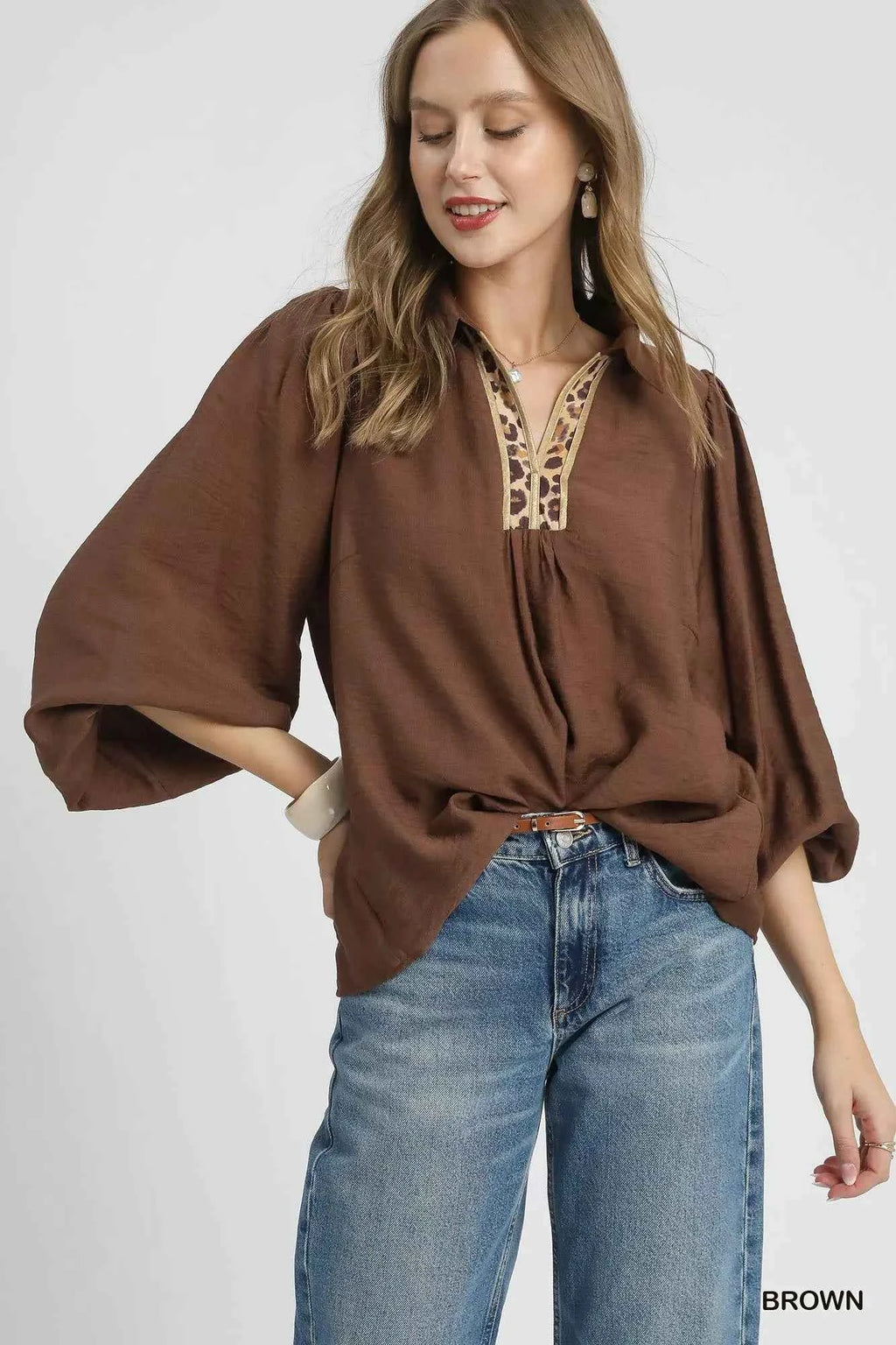 Umgee Long Sleeve Blouse with Leopard Print Trim 63f67a2b-511b-4b95-a87f-4bdb25492897-Max-Origin