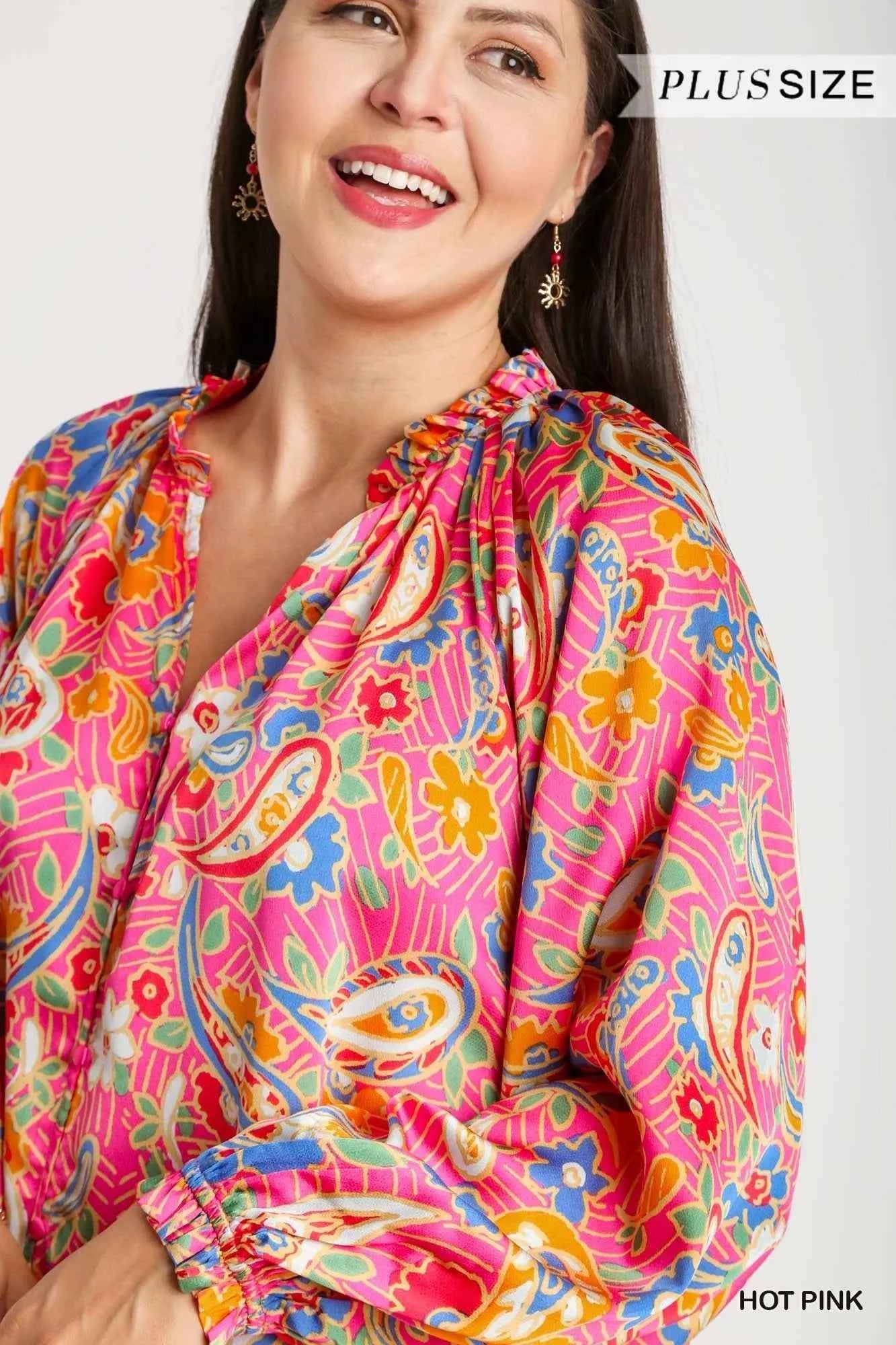 Umgee Full Size Satin Paisley Ruffle Neck Button-Up Shirt Plus Size 63f9595d-d824-428b-a8bb-a97a970211c6-Max-Origin