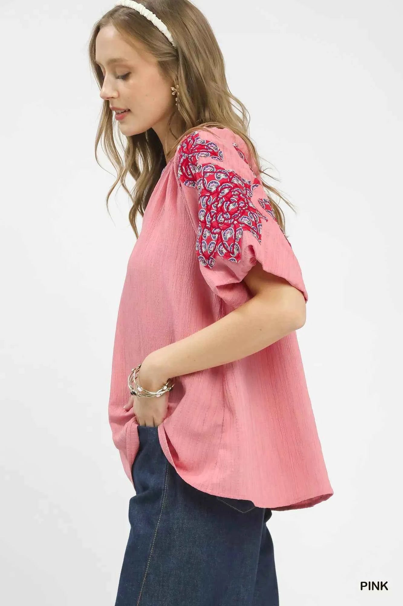 Umgee Embroidered Sleeve Contrast Trim Top 63fd6359-722b-42f8-bffe-569cabff988f-Max-Origin