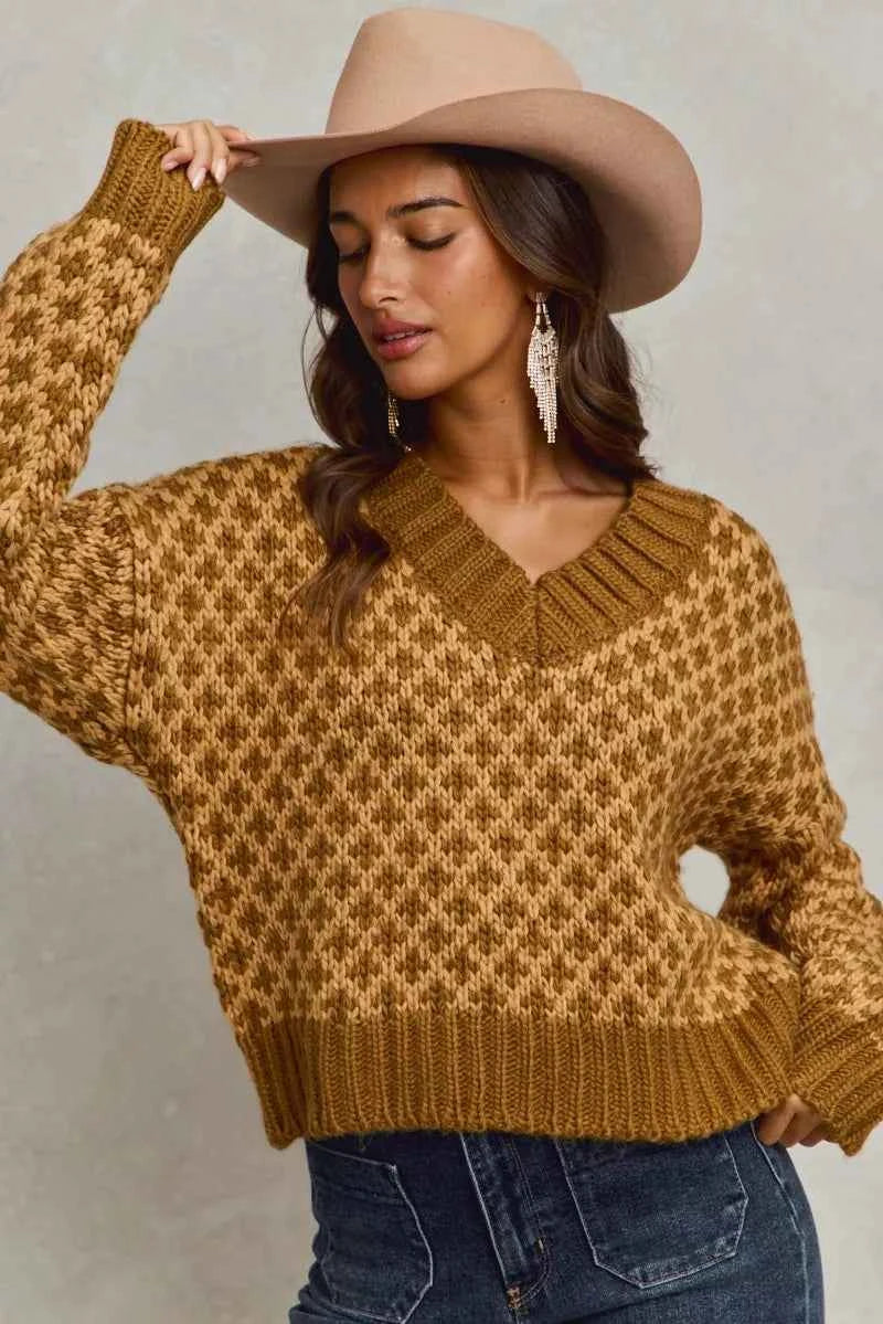 Color Block Textured Christmas Sweater V Neck Top 63fdc5b6426343249f23faa619e6ce53-Max-Origin